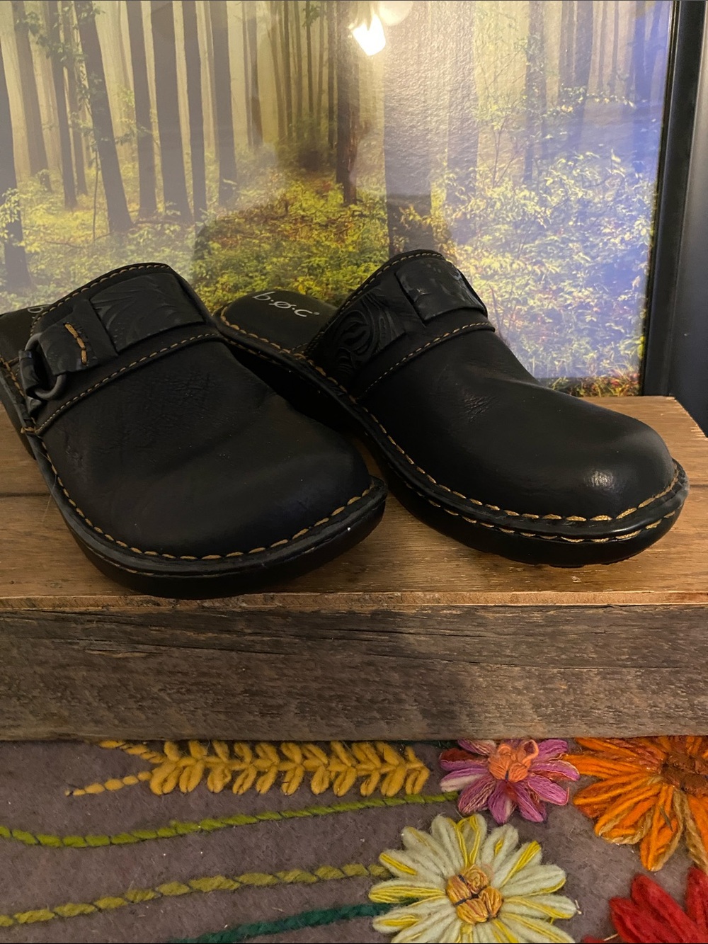 b.o.c. Black Leather Slip-On Clogs with Contrast Stitching